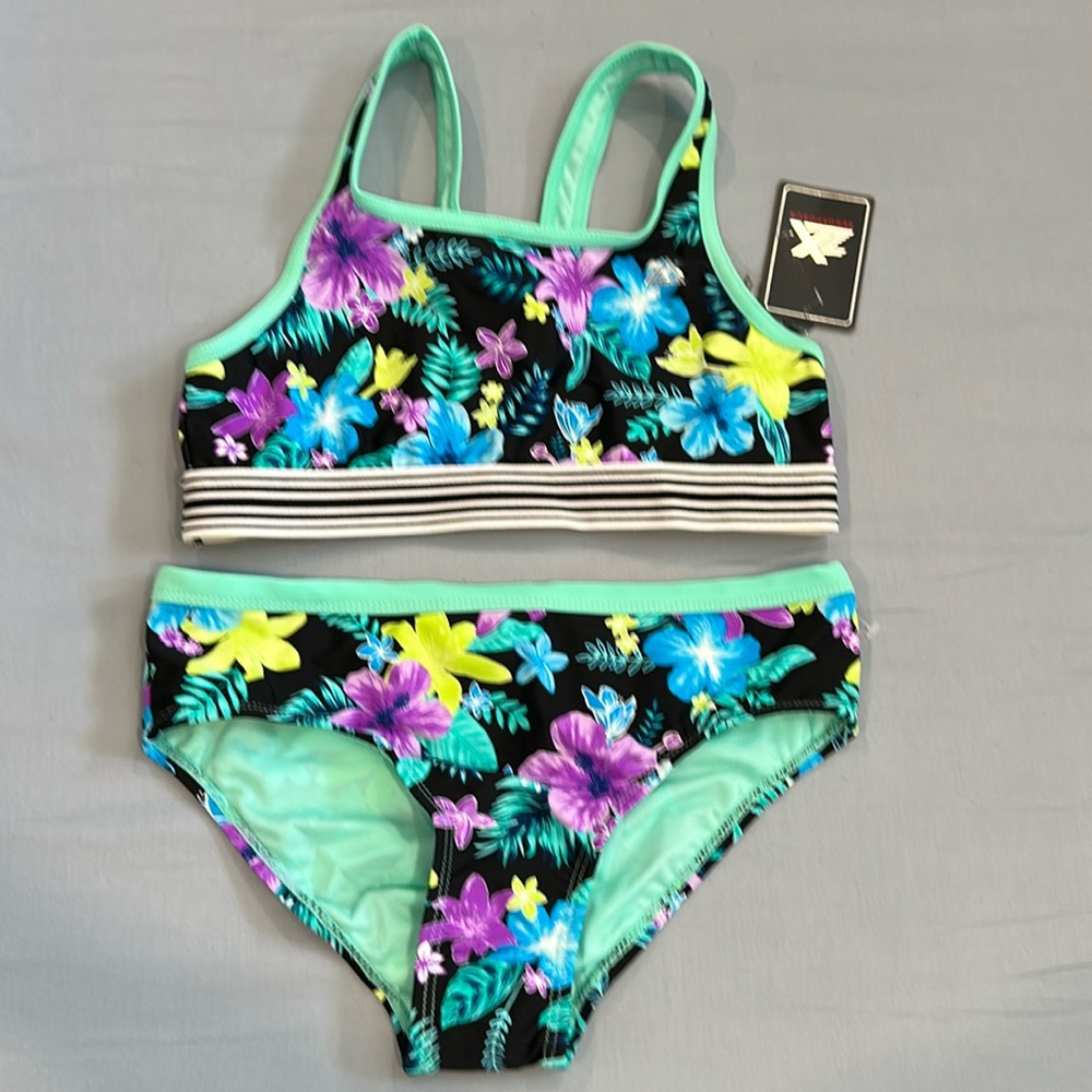 NWT ZeroXposur girls 2 pc bikini bathing suit 
Size 14 black/ green/purple